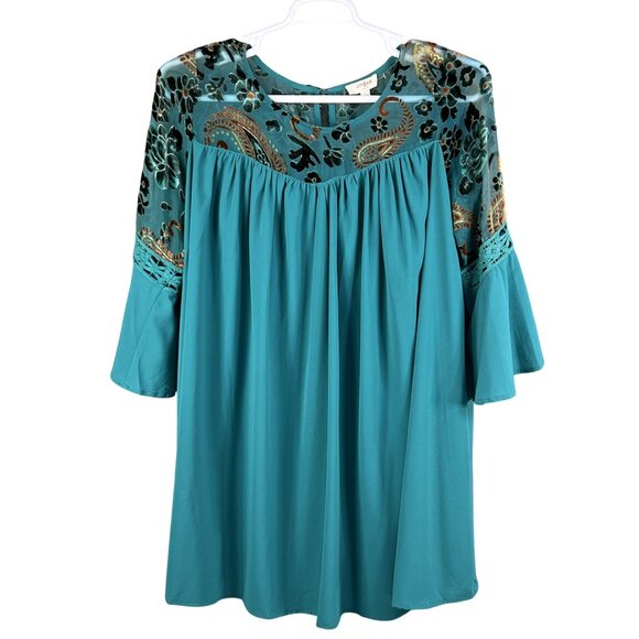 Umgee Womens L Boho Floral Velvet Burn Out Shift Dress Embroidered Bell Sleeve - Picture 8 of 16
